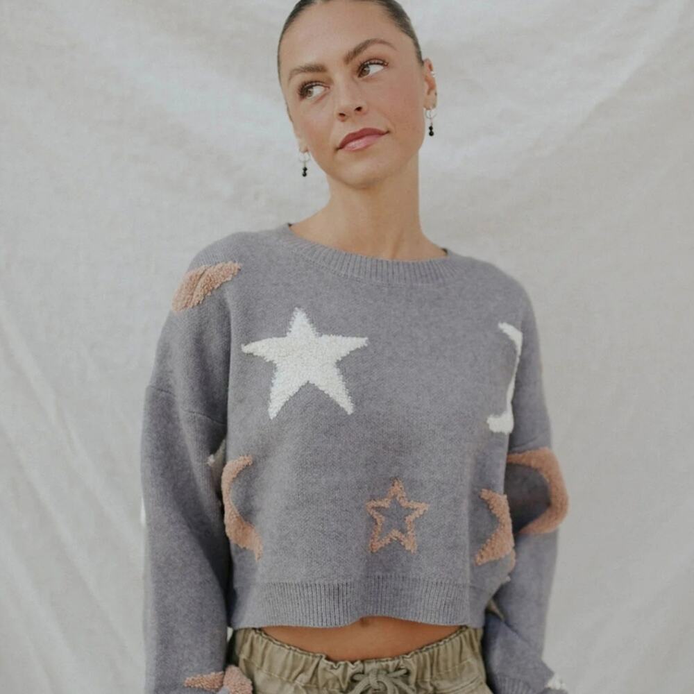 Threaded Leaf Sweater womens M Moon And Stars soft cropped fun whimsical bratz - Picture 9 of 9